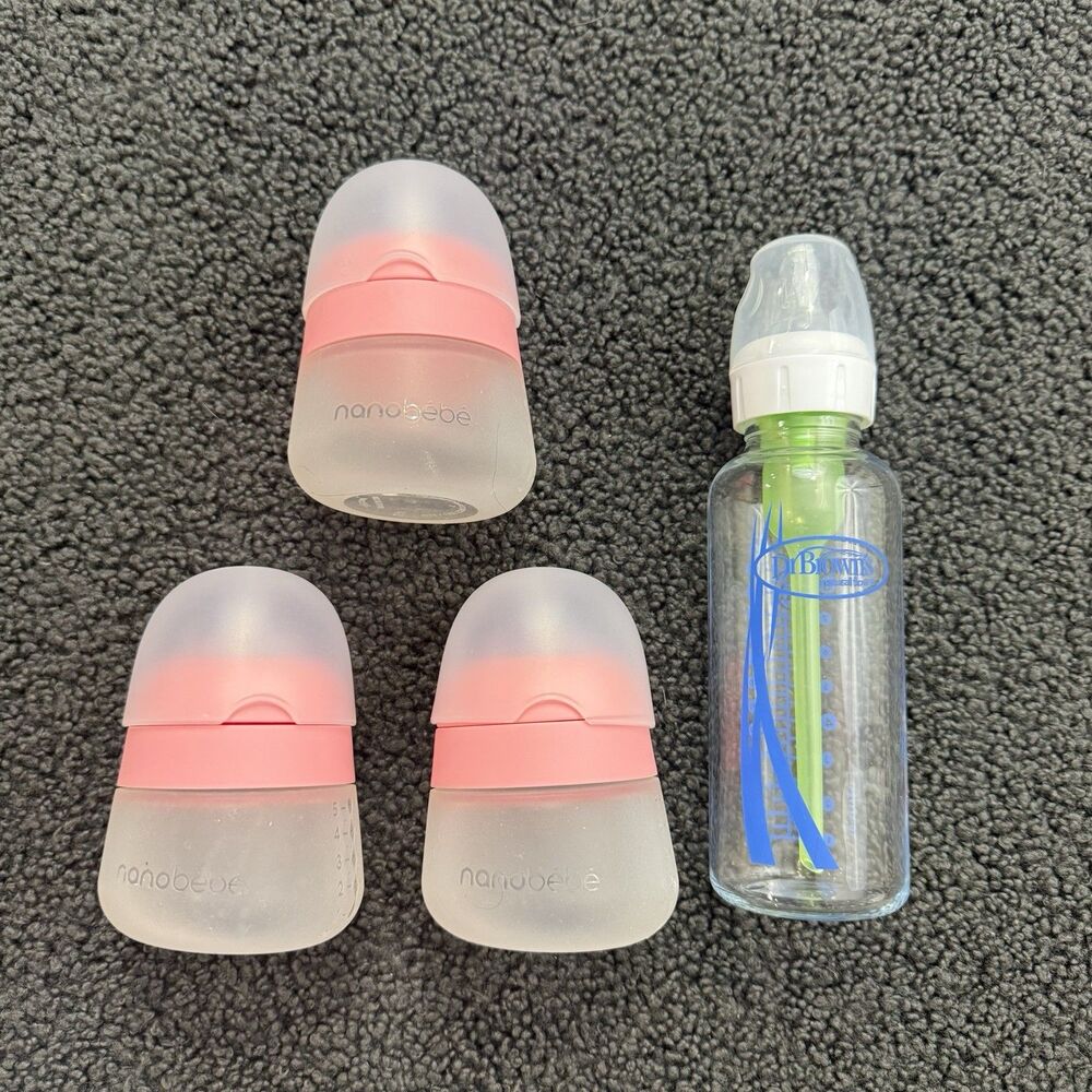 Lot of 3 Nanobébé Silicone Baby Bottle and Dr Brown Brown Bottle